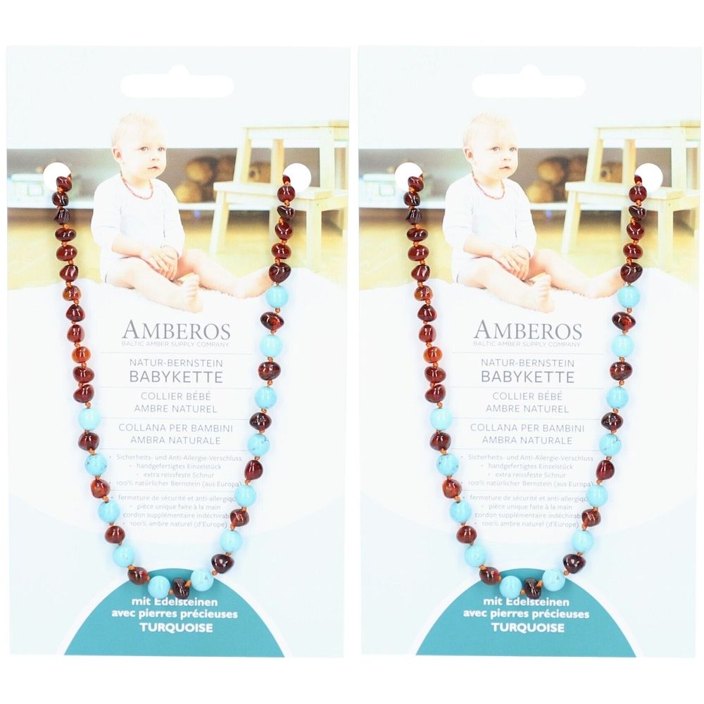 Collier pour bébé avec ambre et turquoise. Sur carte avec photo de bébé. Marque AMBEROS. Texte: Babykette, Turquoise.