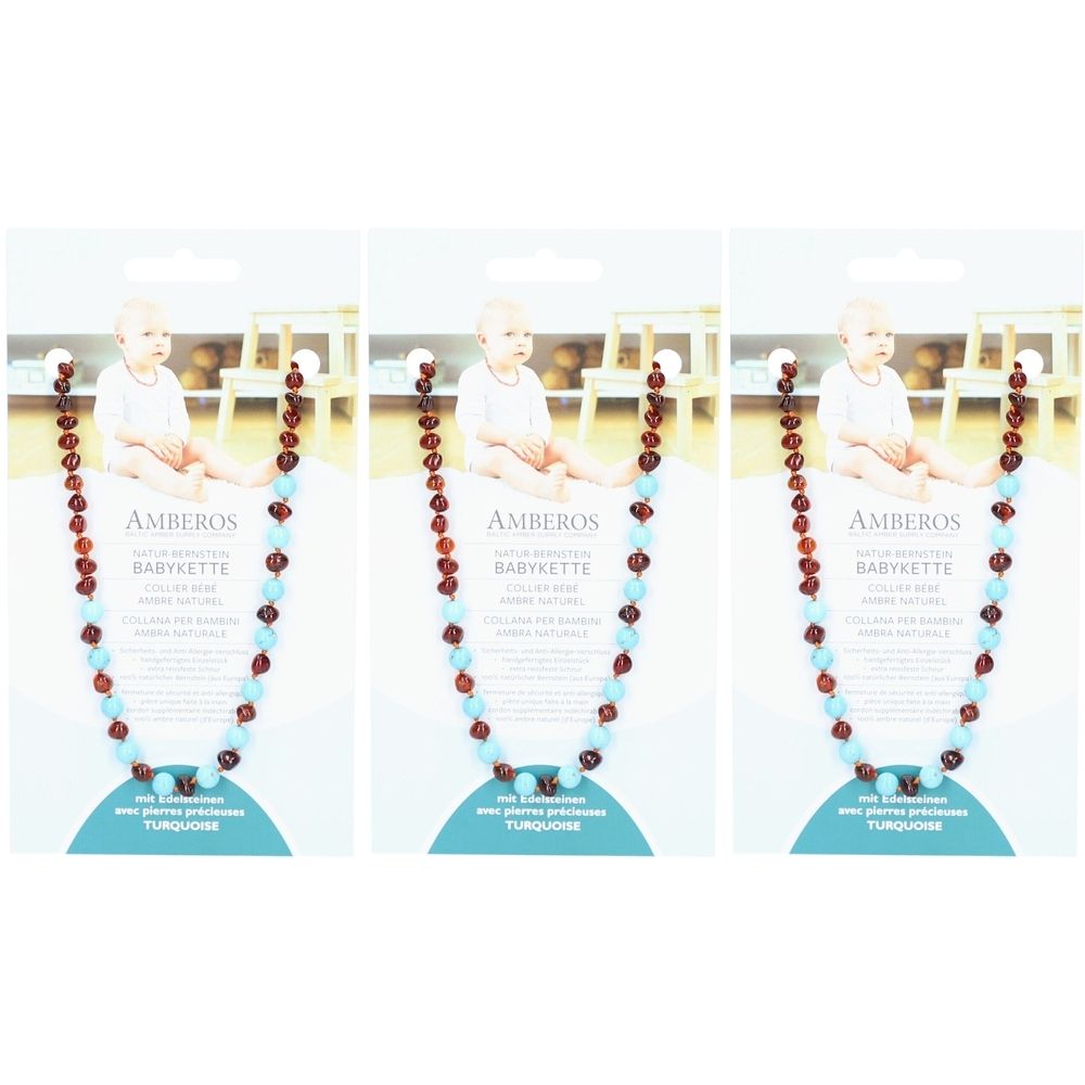 Collier en ambre et turquoise, emballé. Inscription AMBEROS, Babykette. Bébé sur l'emballage.