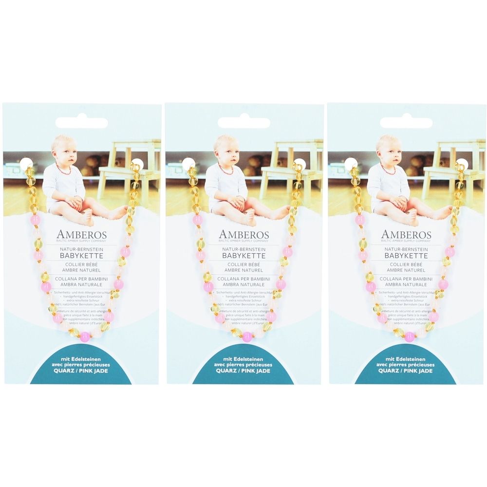 Drei Packungen Babyketten. Jede Packung zeigt ein Baby mit Kette. Text: AMBEROS Babykette, Naturbernstein, Quarz/Pink Jade.