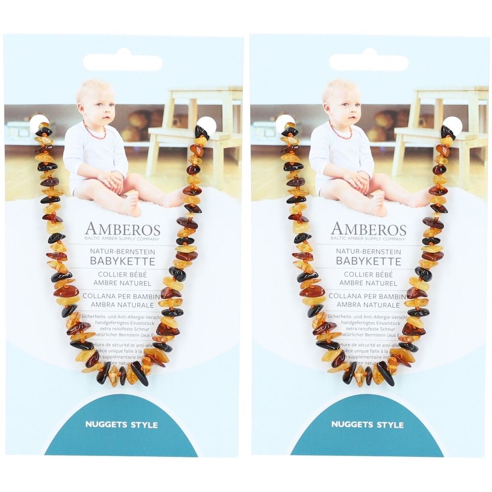 Collier bébé en ambre, style nuggets. Ambre multicolore. Emballage avec image d'un bébé. Marque AMBEROS.