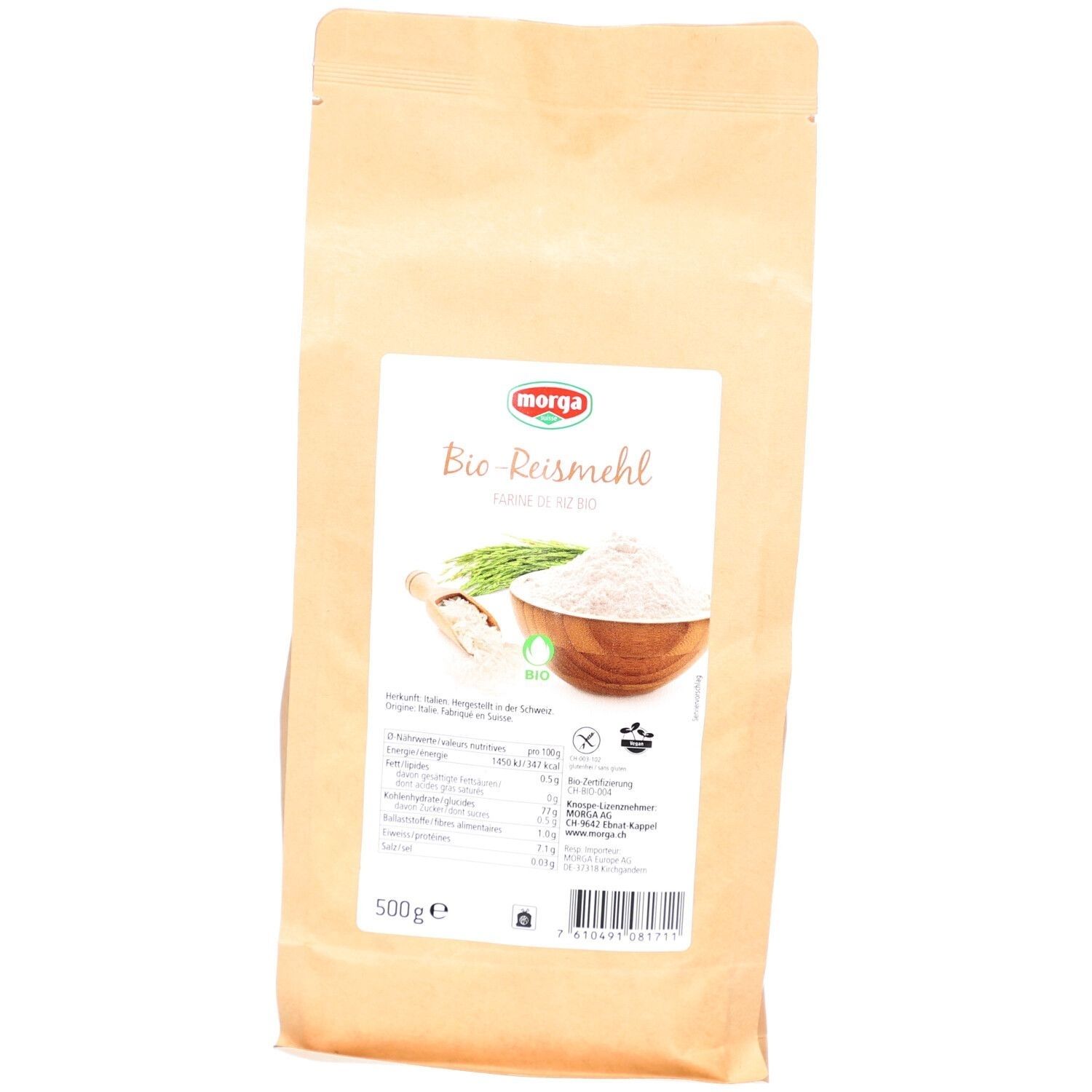 Beutel mit weißem Etikett. Aufschrift: Morga Bio-Reismehl. Abbildung von Reis und Schüssel. 500g.