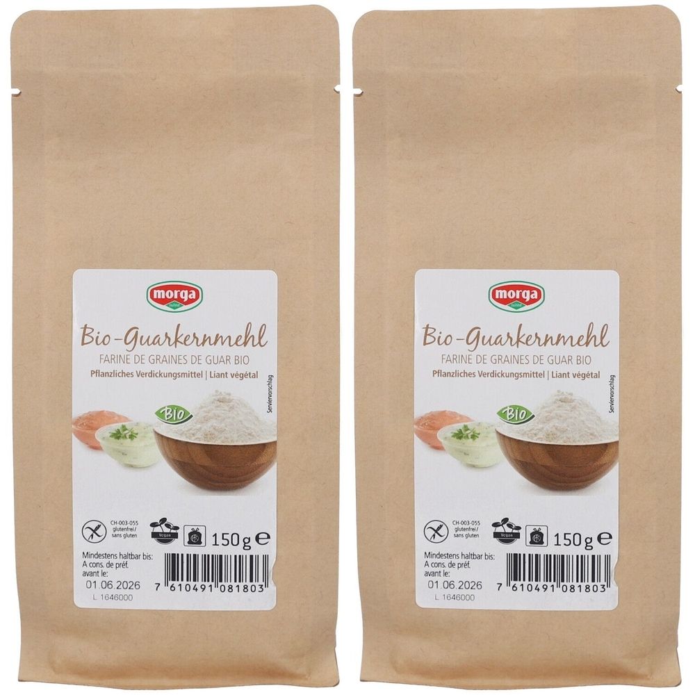 Deux sachets de Morga Bio-Guarkernmehl. Inscription : certification bio, 150g, à consommer de préférence avant le 01.06.2026. Emballage en papier brun.
