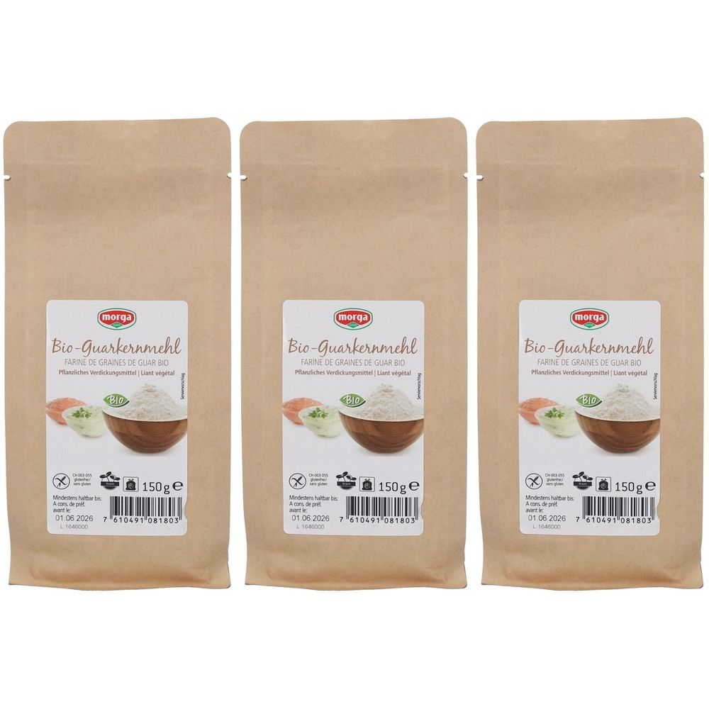 Trois sachets de farine de graines de guar bio. Inscriptions : Morga, Bio-Guarkernmehl, Farine de graines de guar bio, 150g, vegan. Sceau.