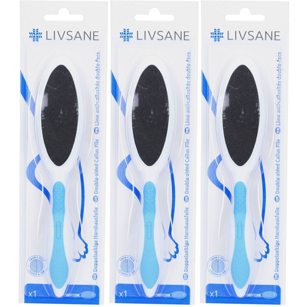 Drei Hornhautfeilen in Blisterverpackung. Weiße Griffe mit blauem Griffteil. Schwarze, ovale Reibefläche. Produktname LIVSANE.