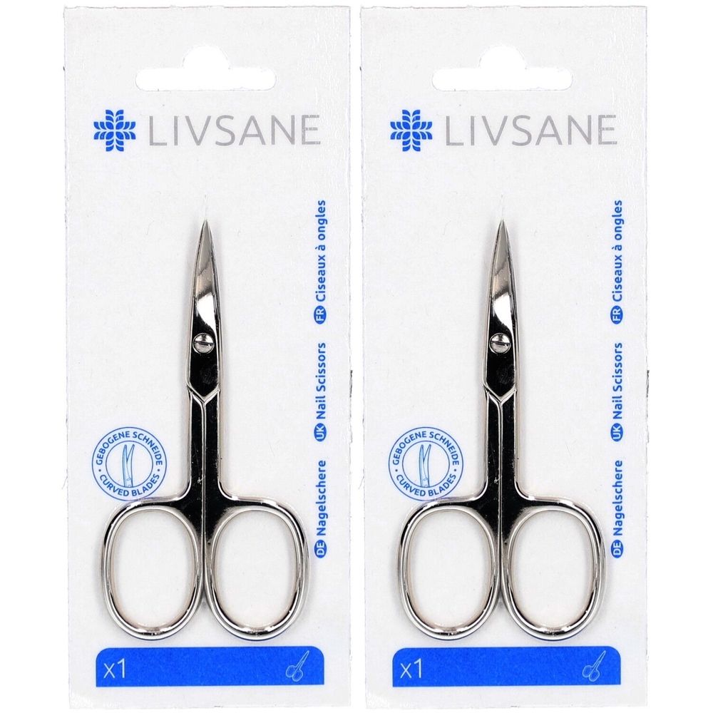 Deux ciseaux à ongles dans leur emballage. Marque LIVSANE. Inscription : Nagelschere, Nail Scissors, Ciseaux à ongles. Lames incurvées.