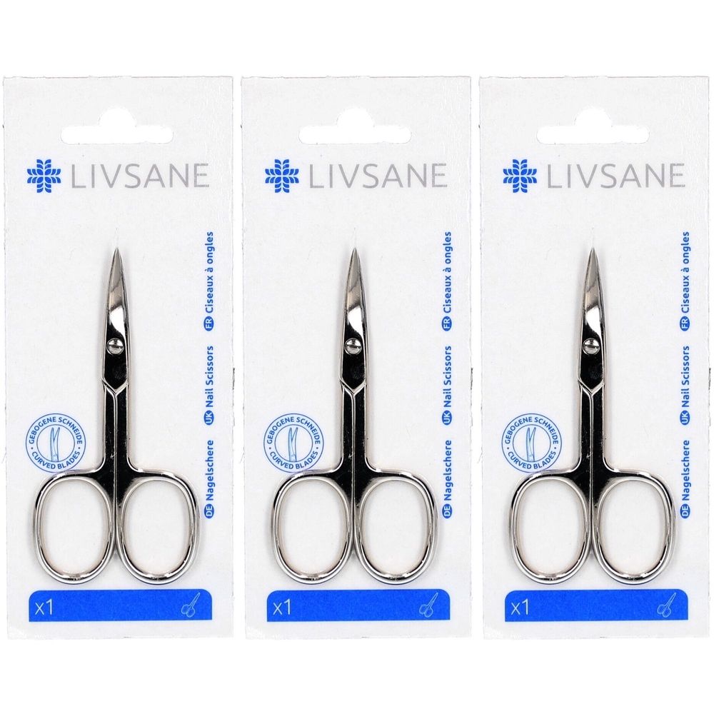 Trois ciseaux à ongles emballés. Marque LIVSANE. Métal, lames incurvées. x1 sur chaque emballage.
