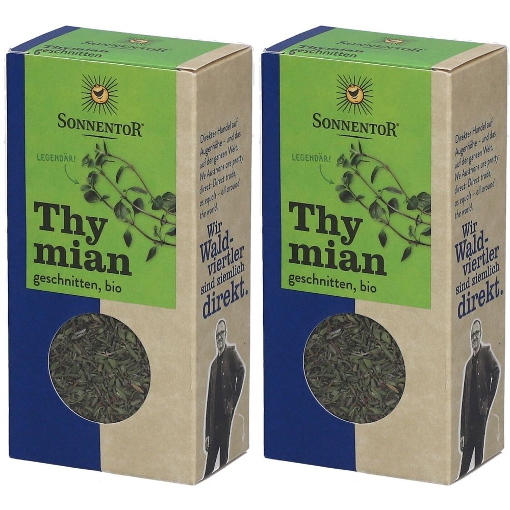 Deux boîtes de thym coupé bio. Marque Sonnentor. Emballage vert et beige avec texte et logo.