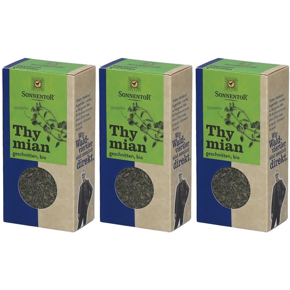 Trois boîtes rectangulaires de thym coupé bio. Inscription : Thymian geschnitten, bio. Marque : Sonnentor. Emballage vert-brun.