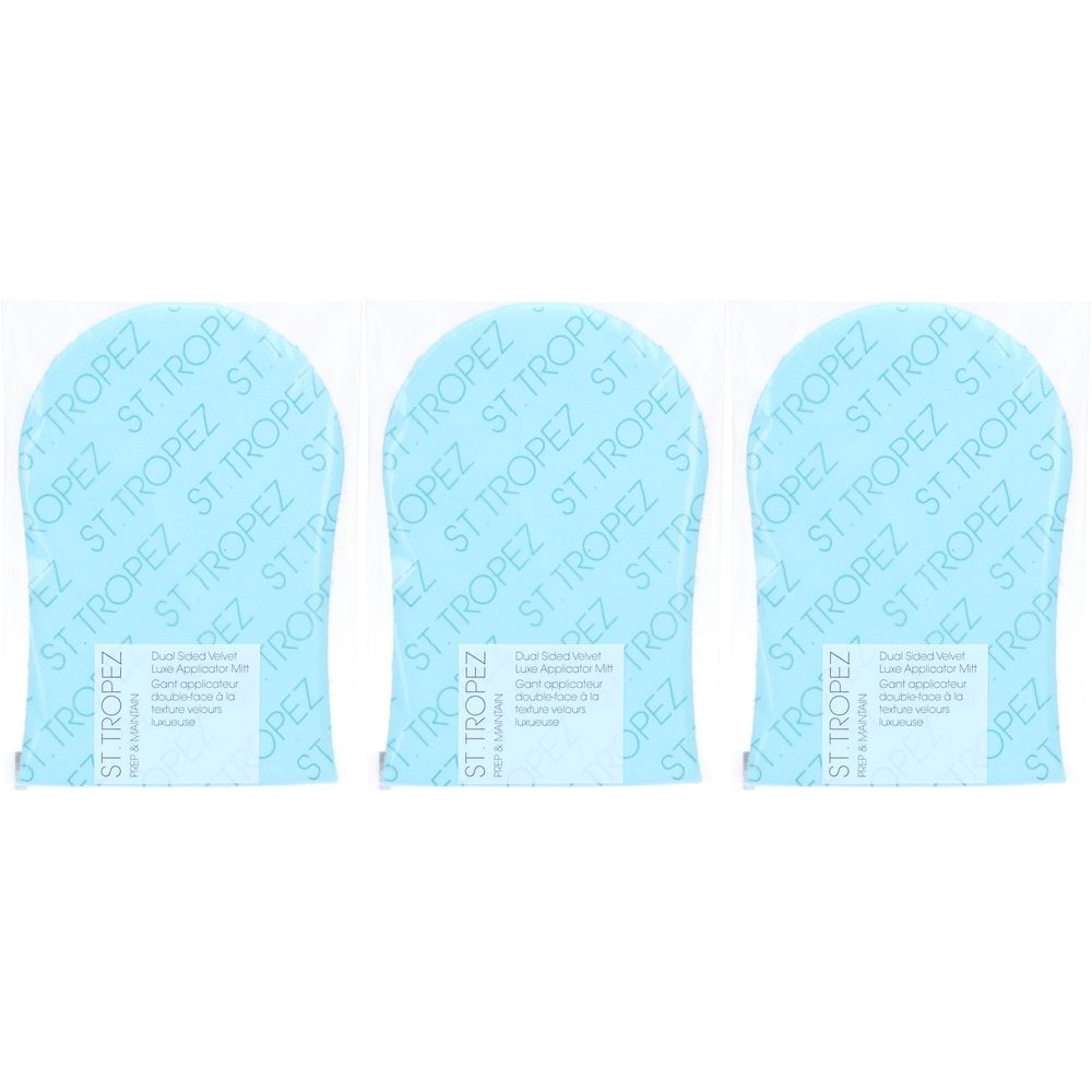 Trois gants applicateurs bleus en emballage plastique. Impression: ST TROPEZ. Zones de texte avec informations produit.