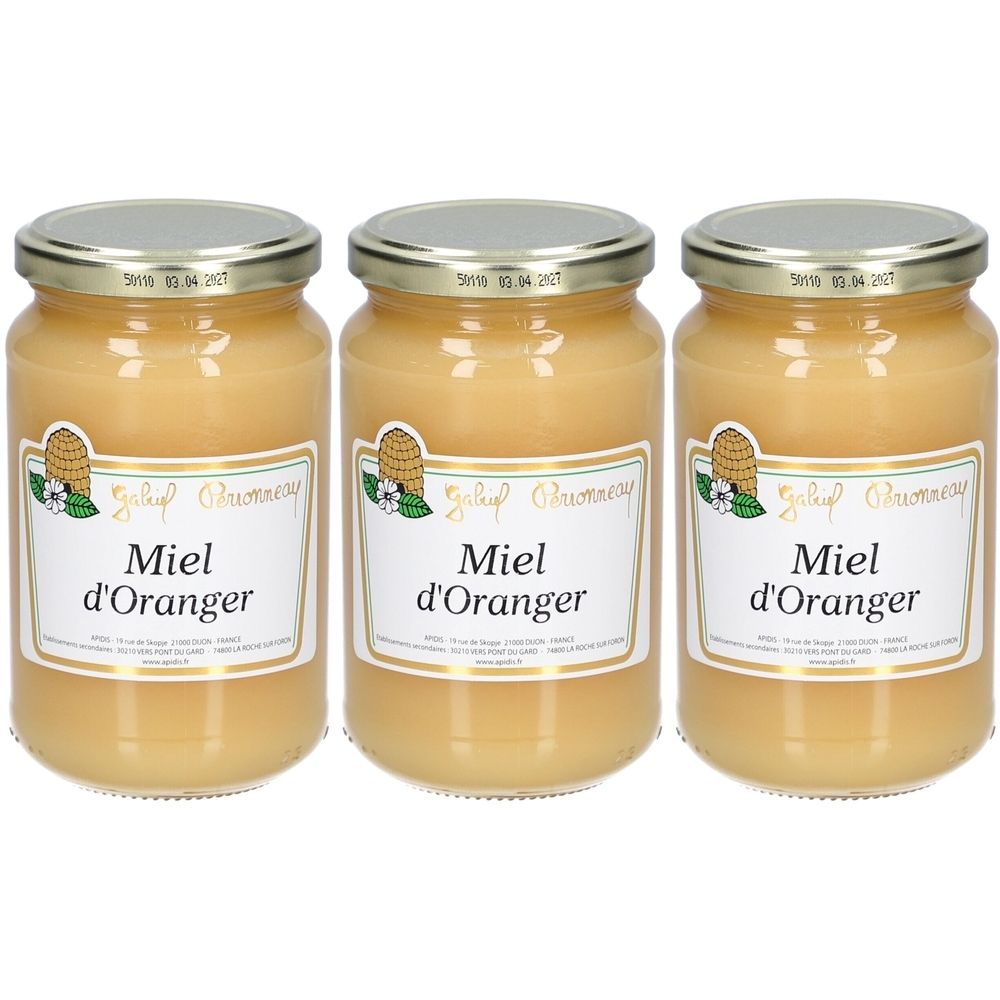 Drei Gläser Honig. Etikett mit Text: Miel d'Oranger. Deckel silberfarben. Honig gelb.
