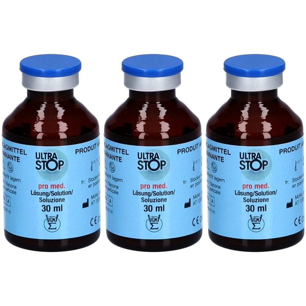 Trois flacons ULTRASTOP Antibeschlag pro med steril. Flacons en verre brun avec bouchon bleu et étiquette bleue avec informations.