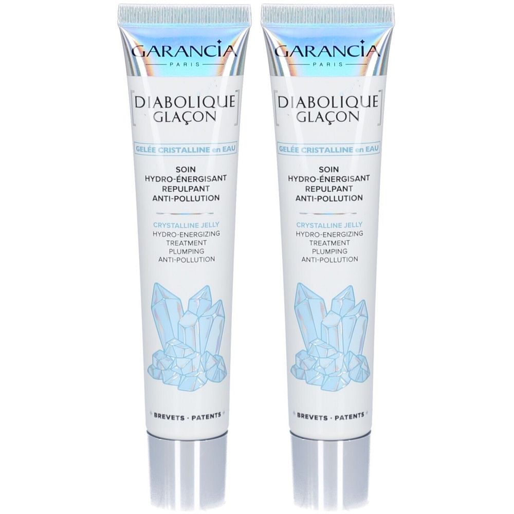 Deux tubes sur fond blanc. Chaque tube porte "GARANCIA" et "DIABOLIQUE GLAÇON". Des cristaux bleus sont représentés.