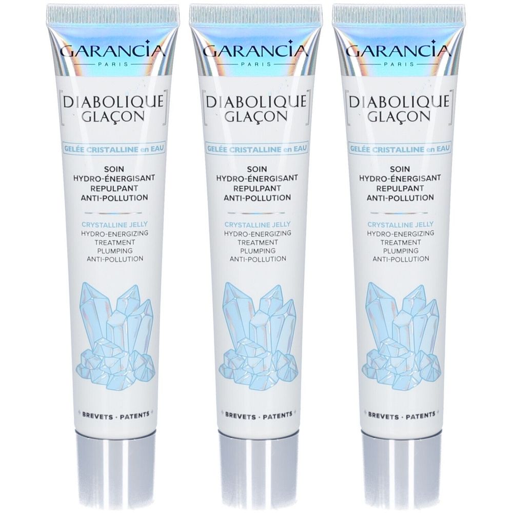 Trois tubes blancs. Inscription "GARANCIA DIABOLIQUE GLAÇON". Texte : "SOIN HYDRO-ENERGISANT". Image de cristaux bleus.