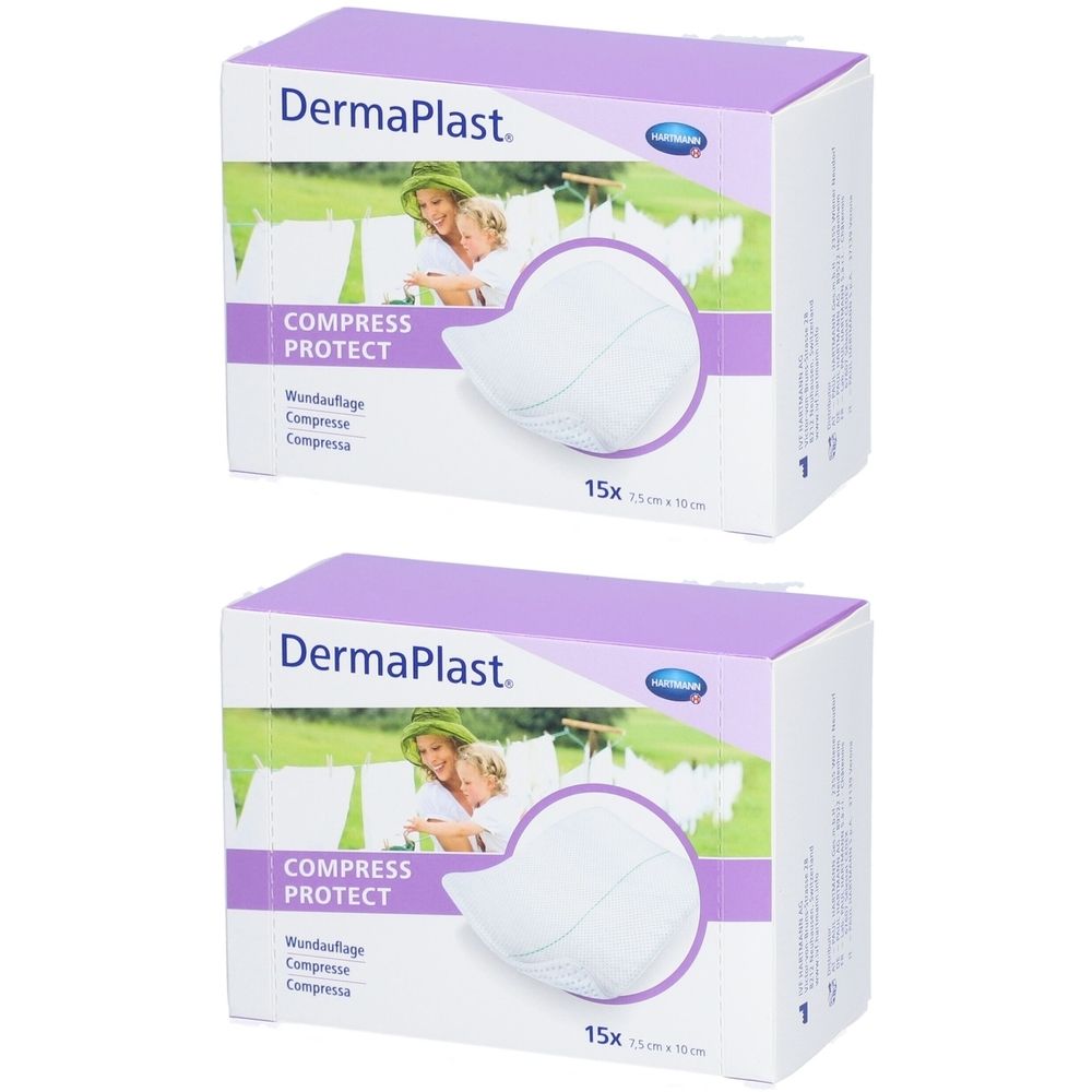 Deux boîtes de produit. Inscription: DermaPlast Compress Protect. Chaque boîte contient 15 pièces. Dimensions : 7,5 x 10 cm.