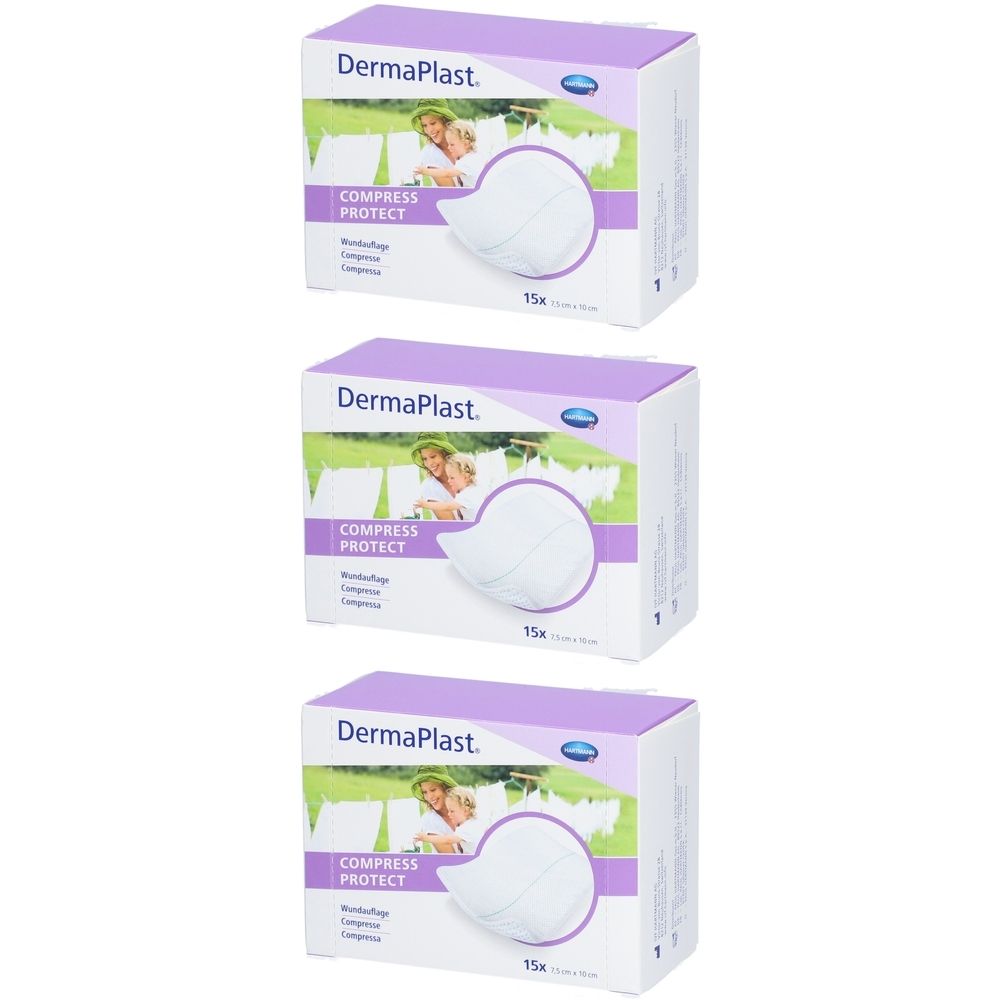Trois boîtes de DERMAPLAST Compress Protect. Chaque boîte présente un design de compresse blanche et l'inscription "COMPRESS PROTECT".