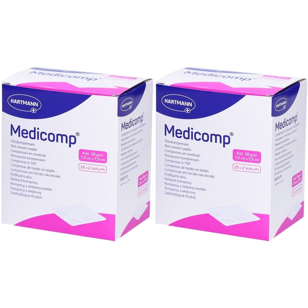 Deux boîtes de compresses Medicomp®. Boîtes blanches avec design bleu et rose. Inscription : HARTMANN, Medicomp®, 25x2 pièces.