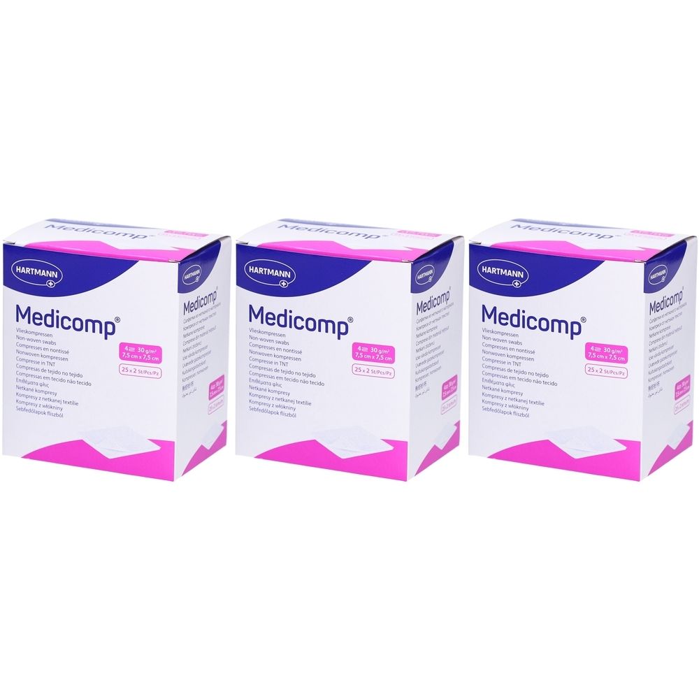 Trois boîtes de compresses Medicomp®. Emballage avec un design bleu et rose. Inscription Medicomp® et Hartmann.