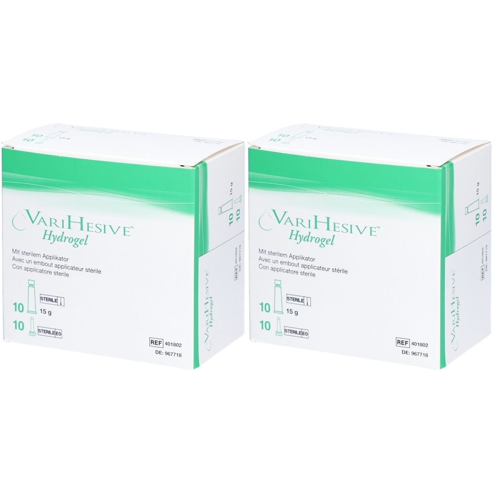 Deux boîtes de Varihesive Hydrogel avec applicateur stérile. Emballage blanc avec accents verts. Nom du produit et détails imprimés.