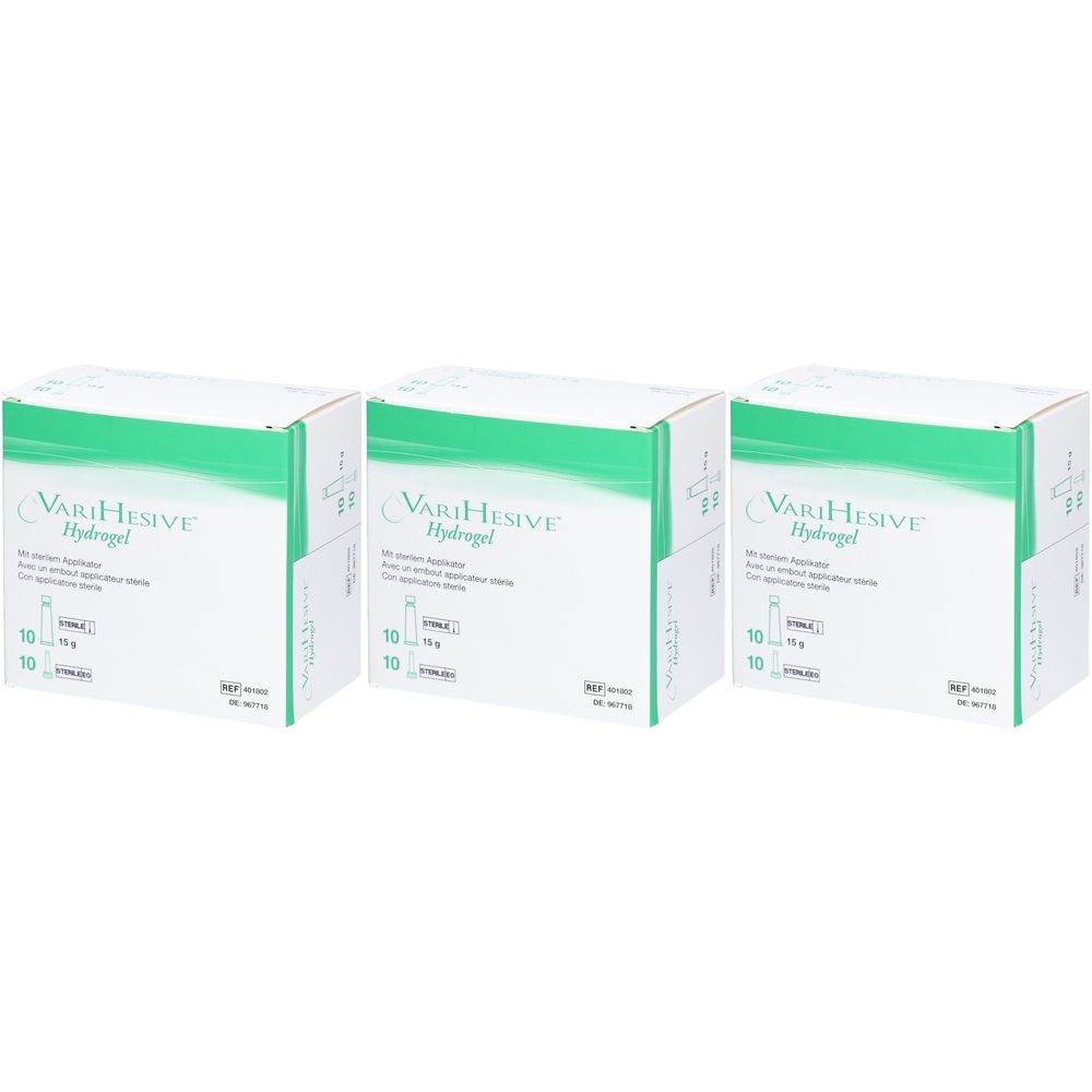 Trois boîtes de Varihesive Hydrogel avec applicateur stérile. Emballage blanc avec texte vert. Inscription : 10 pièces.