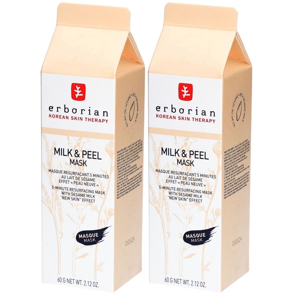 Deux boîtes Erborian Milk & Peel Mask. Emballage en forme de carton de lait. Inscription : Milk & Peel Mask, 60g.