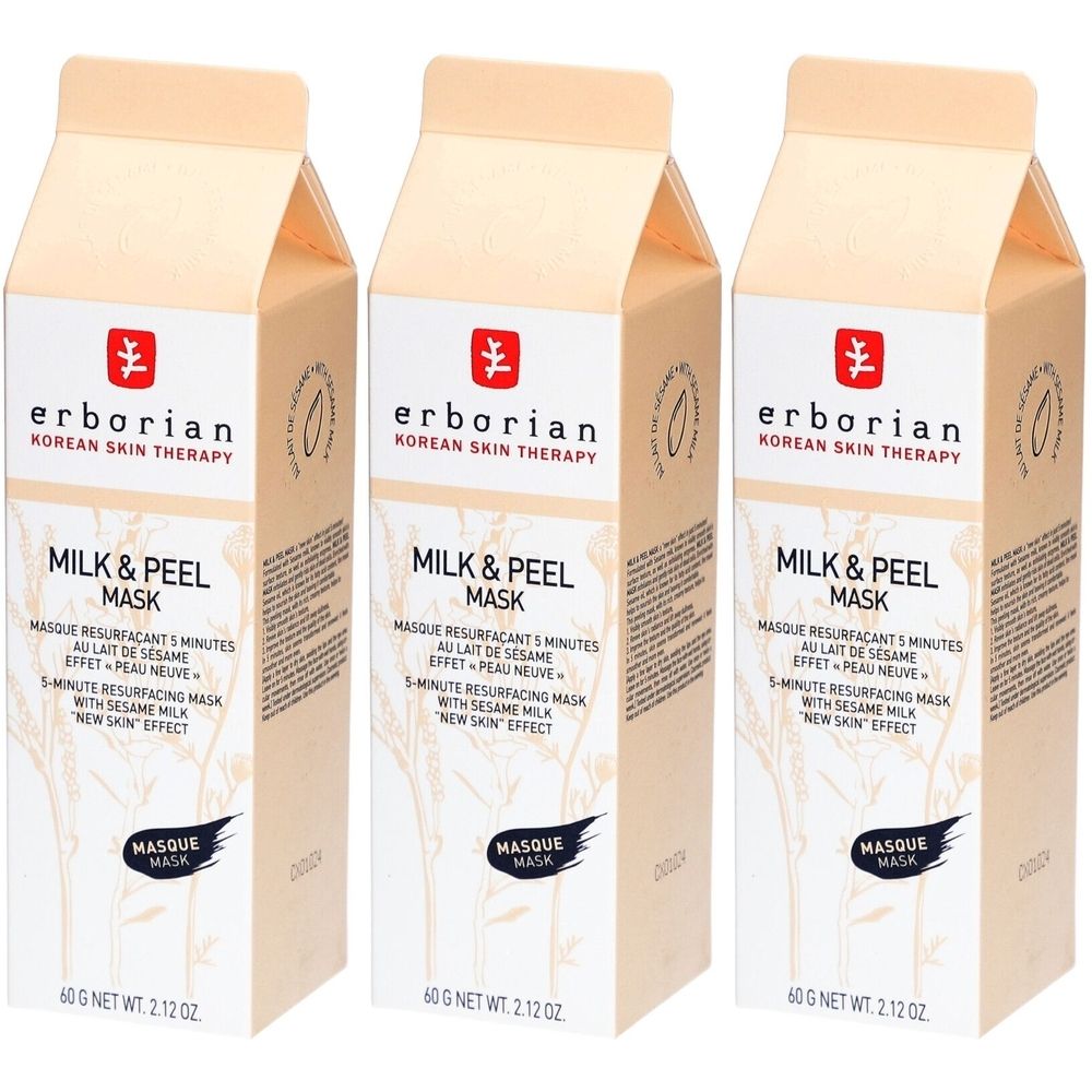 Trois boîtes Erborian Milk & Peel Mask. Boîtes beiges en forme de carton de lait. Texte: Milk & Peel Mask, 60g.