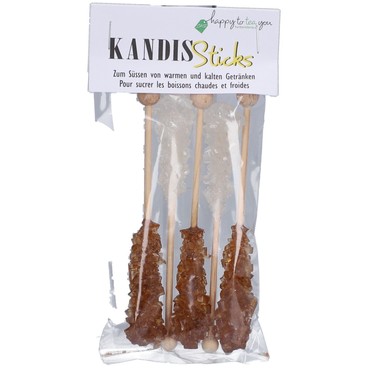 Paquet de bâtonnets de sucre candi. Quatre morceaux de sucre brun sur des bâtonnets en bois, emballés dans du film transparent.