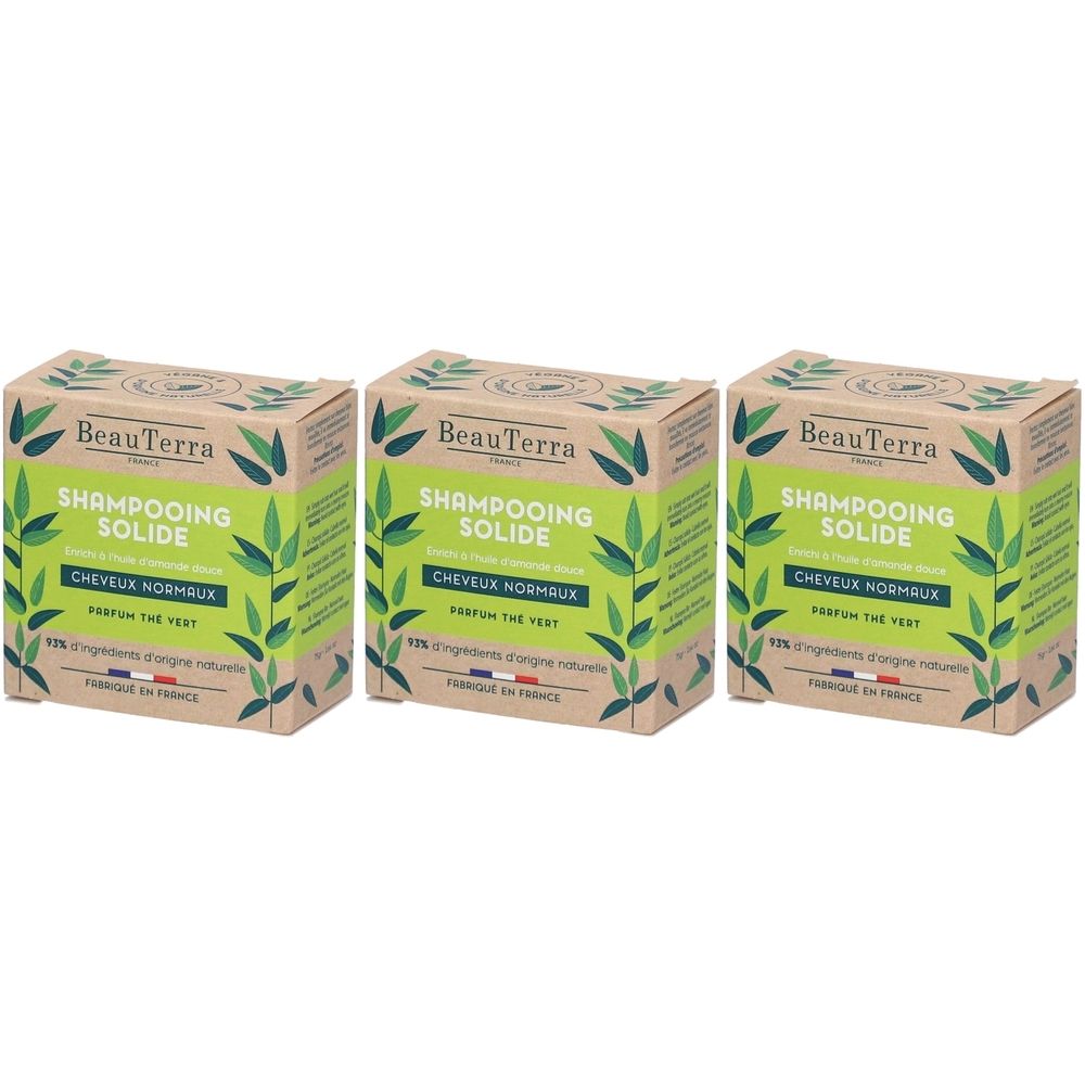 Drei rechteckige Kartons mit grünem Aufdruck. Aufschrift: SHAMPOOING SOLIDE, CHEVEUX NORMAUX, BeauTerra.