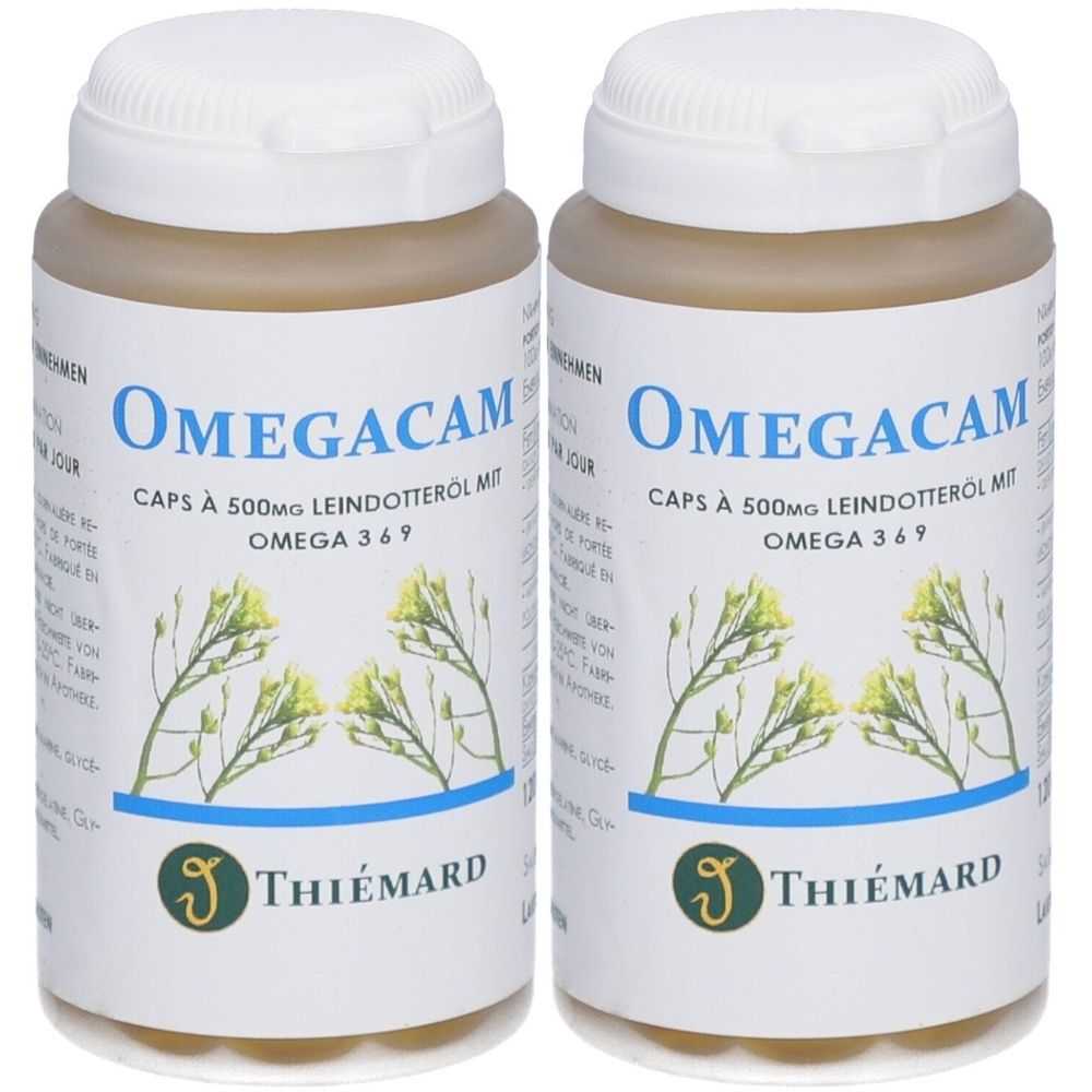 Deux flacons Omegacam. Bouchons blancs, contenants beiges. Inscription: Omegacam, Caps à 500mg Leindotteröl mit Omega 3 6 9. Marque: THIÉMARD.