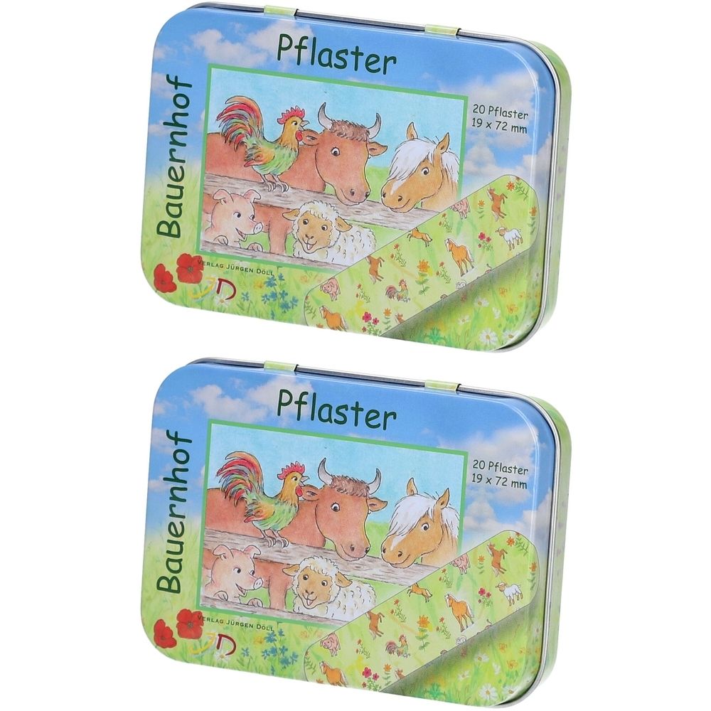 Deux boîtes métalliques rectangulaires avec un motif de ferme. Inscription "Pflaster". Contient 20 pansements, 19 x 72 mm. Des animaux sont représentés sur les boîtes.