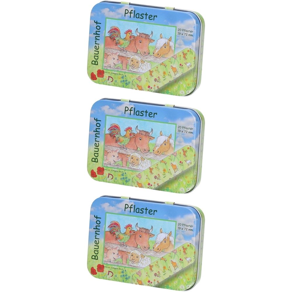 Trois boîtes métalliques de pansements sur le thème de la ferme. Inscription : Pflaster, Bauernhof. Chaque boîte contient 20 pansements, 19 x 72 mm.