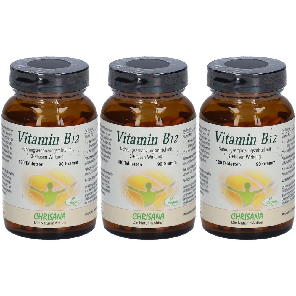 Trois flacons en verre brun avec des couvercles noirs. Les étiquettes indiquent "Vitamin B12", "180 comprimés" et "CHRISANA".