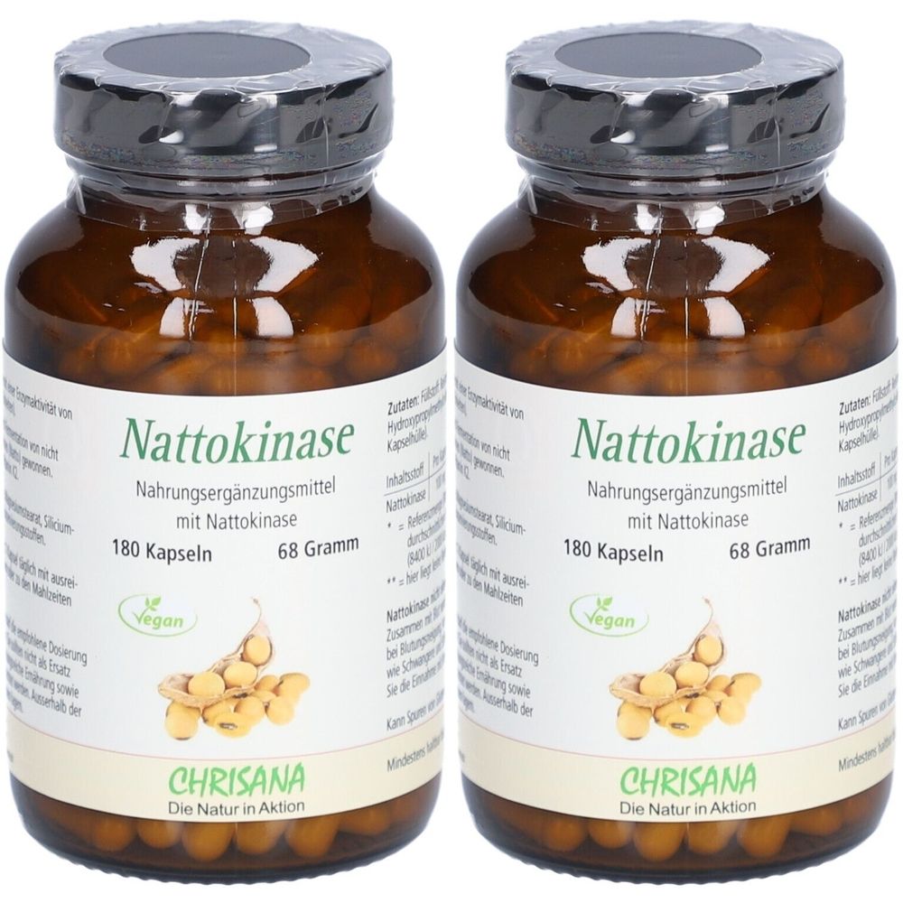 Deux flacons en verre brun avec des couvercles noirs. Les étiquettes indiquent "Nattokinase", "180 gélules", "Vegan" et "CHRISANA".