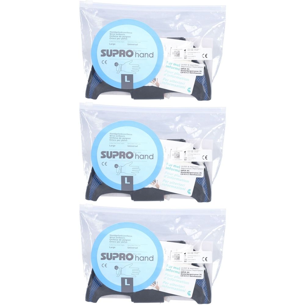 Trois orthèses de main dans un emballage plastique. Éléments bleus et noirs. Autocollants avec "SUPRO hand" et "L". Marquage CE.