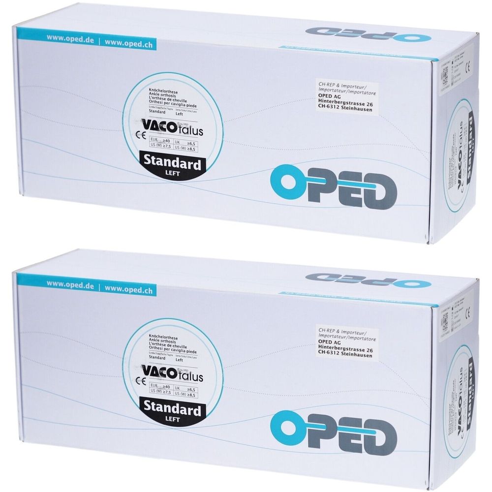 Zwei weiße Kartons. Aufdruck: VACOtalus, Standard, links. Logo OPED. CE-Kennzeichnung. Adressinformationen.