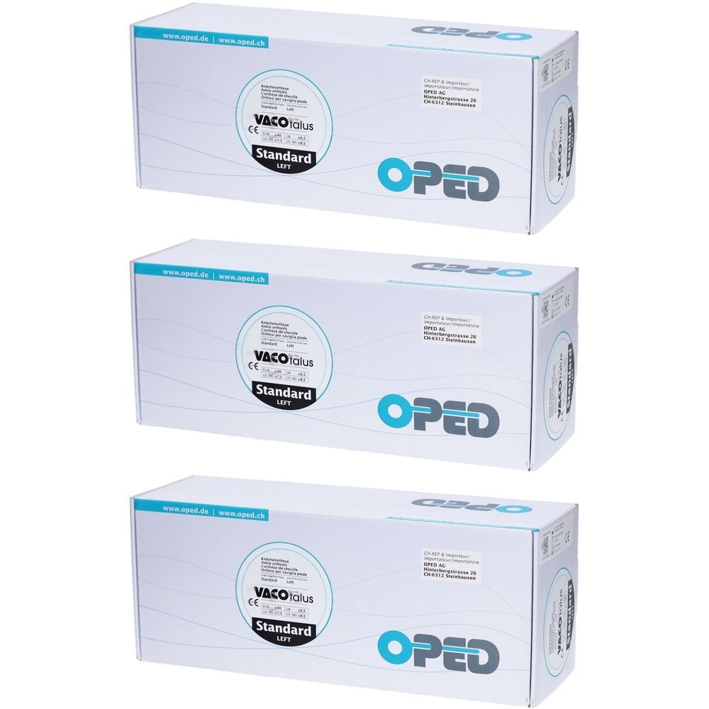 Drei weiße Kartons mit Produktlogo und Aufschrift VACOTALUS Standard. OPED-Logo und CE-Kennzeichnung.