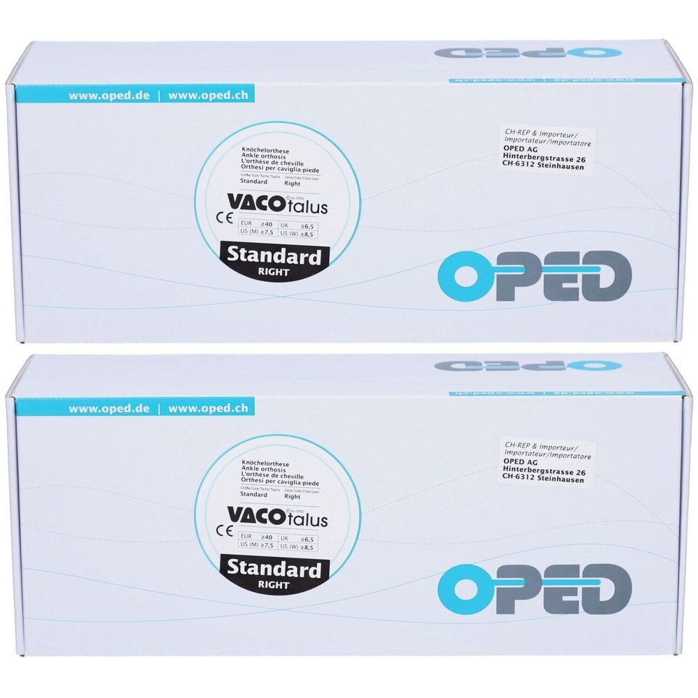 Deux boîtes blanches. Inscription: VACOtalus, Standard, RIGHT. Logo OPED. Coordonnées. Marquage CE.