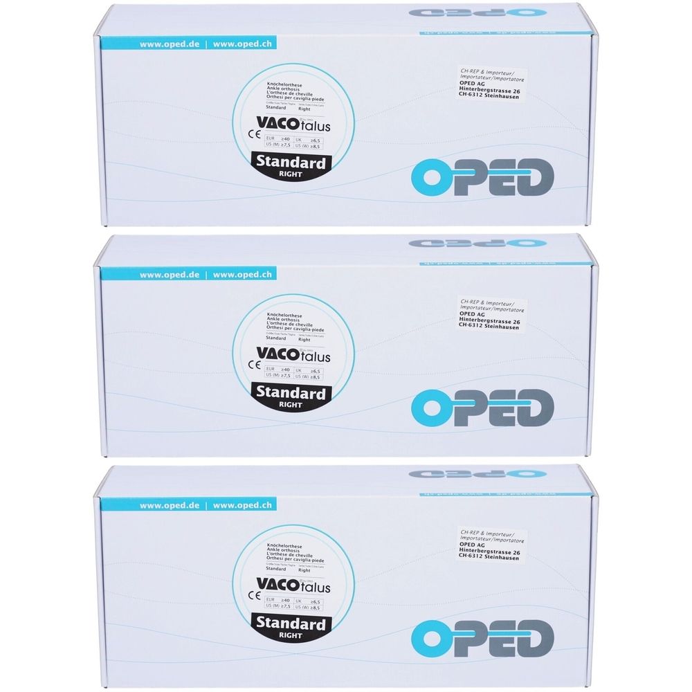 Trois boîtes blanches. Sur chaque boîte: VACOTALUS, Standard, RIGHT, marquage CE et logo OPED. Texte en allemand.