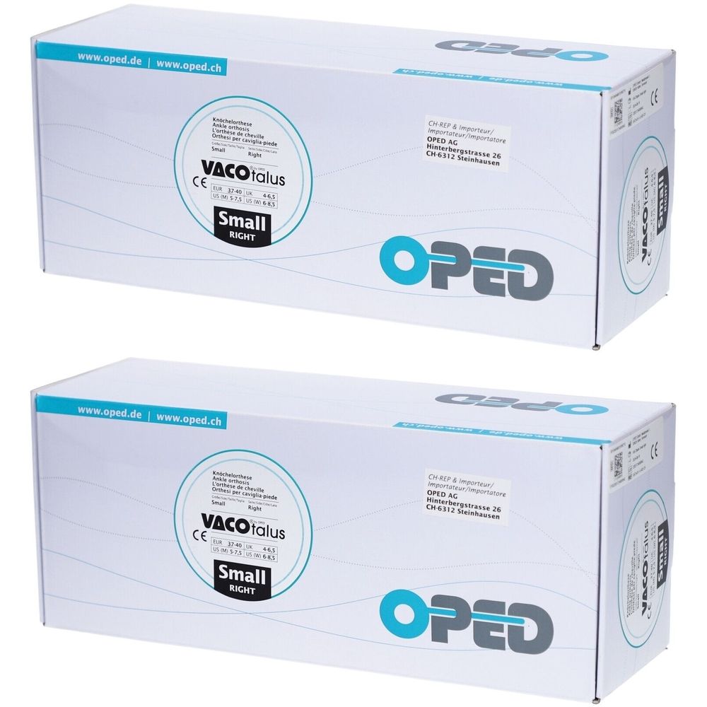 Zwei rechteckige Kartons. Aufschrift VACOtalus, Small, Right. Marke OPED. Blaue und weiße Verpackung.
