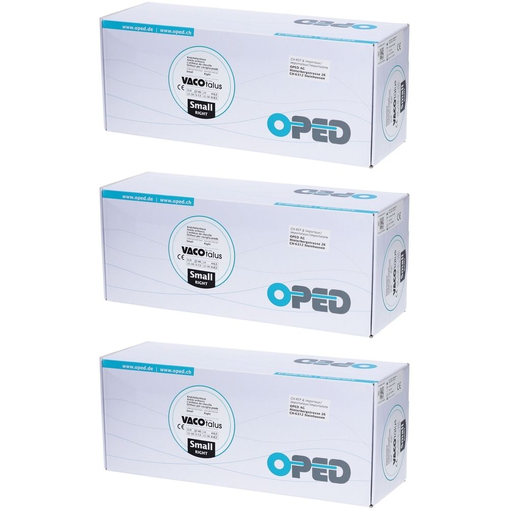 Drei weiße Kartons mit blauer Aufschrift. Auf den Kartons steht "VACOtalus" und "OPED".