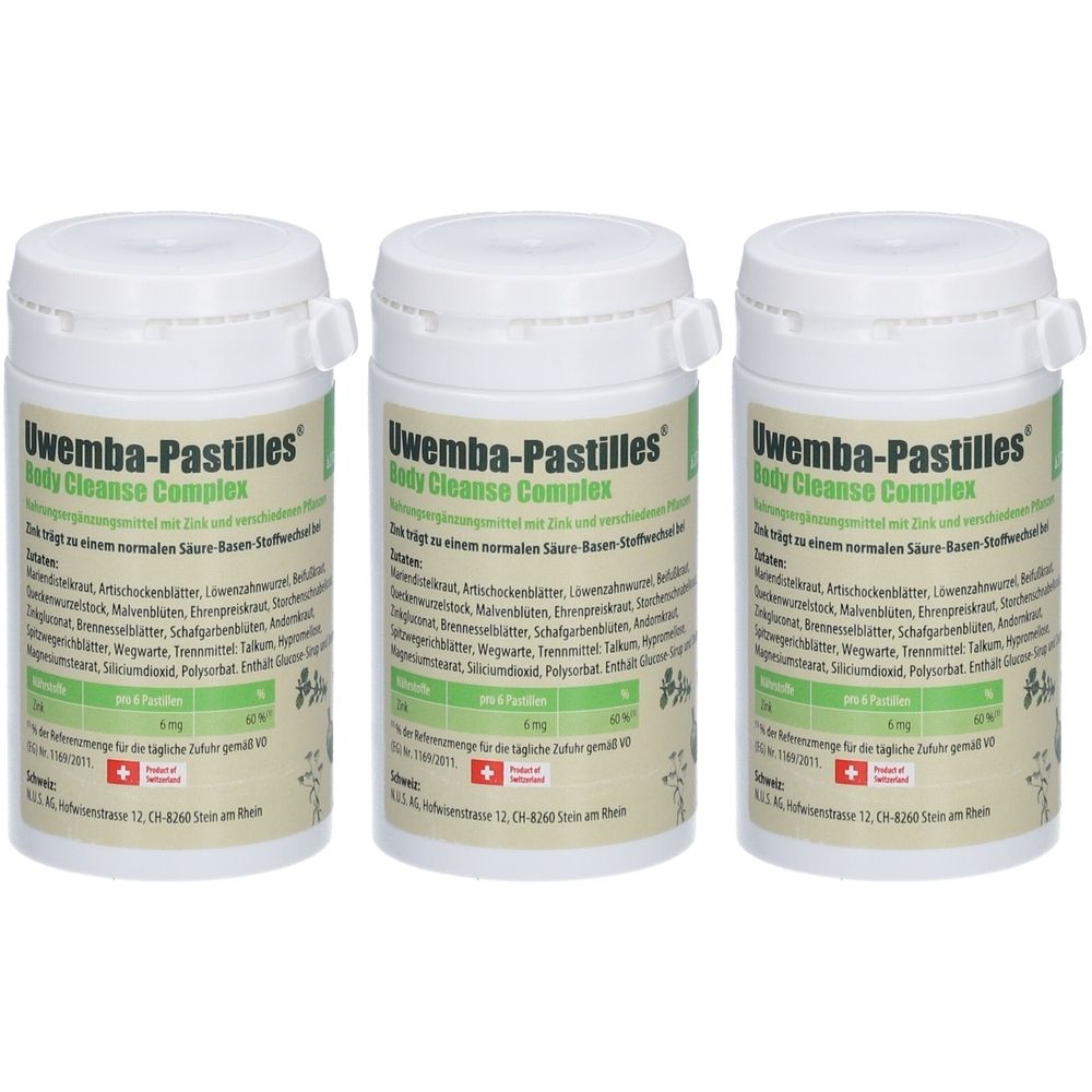 Trois flacons blancs avec couvercles. Inscription: Uwemba-Pastilles Body Cleanse Complex. Étiquettes vertes et blanches avec croix suisse.