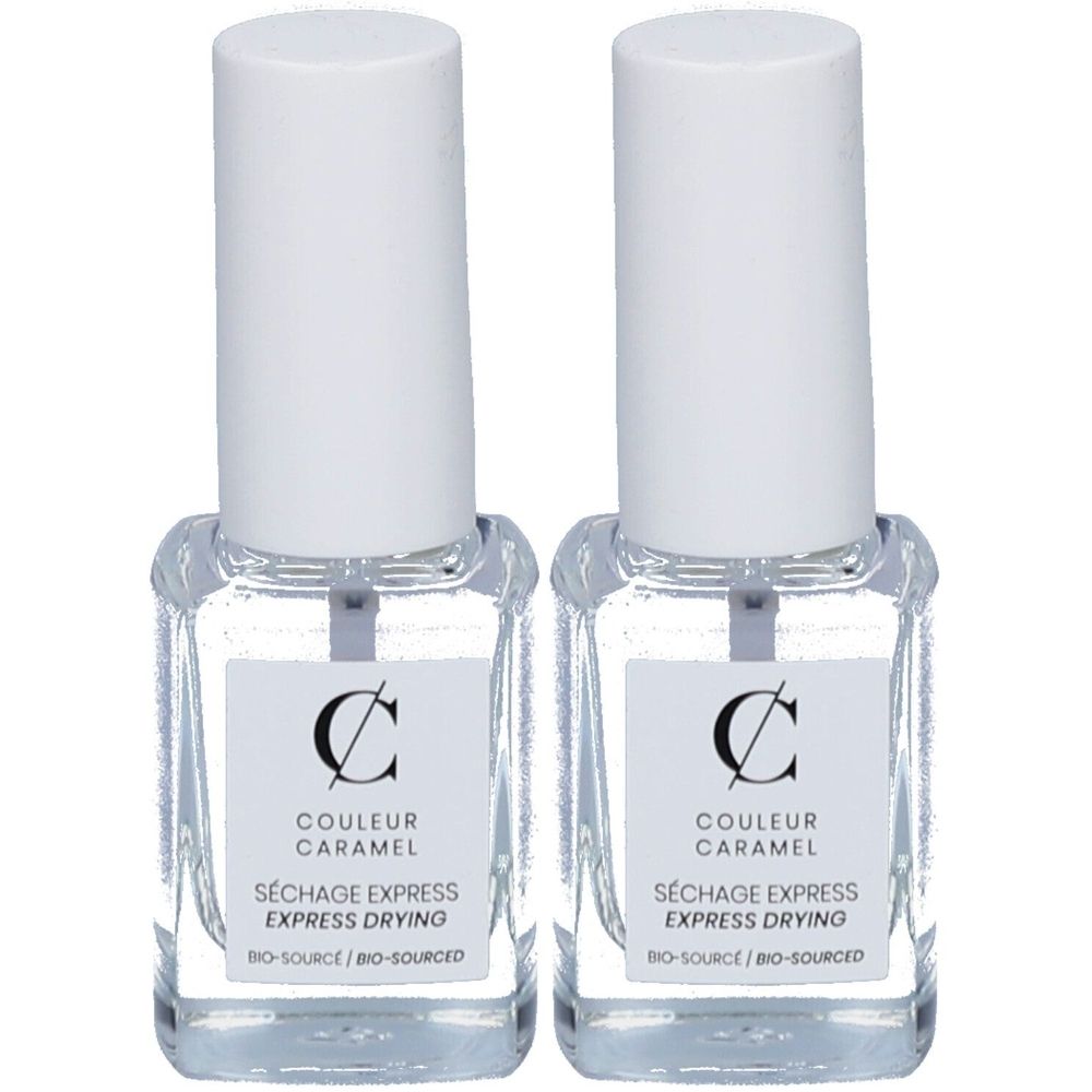 Deux flacons de vernis à ongles avec bouchon blanc. Sur l'étiquette : COULEUR CARAMEL, SÉCHAGE EXPRESS, EXPRESS DRYING, BIO-SOURCE.