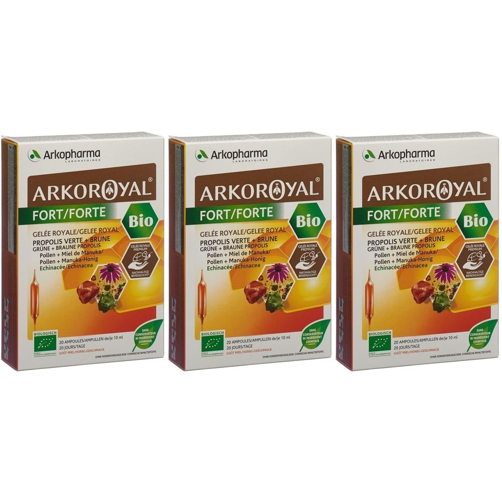 Trois boîtes « ARKOROYAL FORT/FORTE Bio ». Inscriptions : Gelée Royale, Propolis, Pollen, Miel. Couleurs vert et brun. Label Bio.