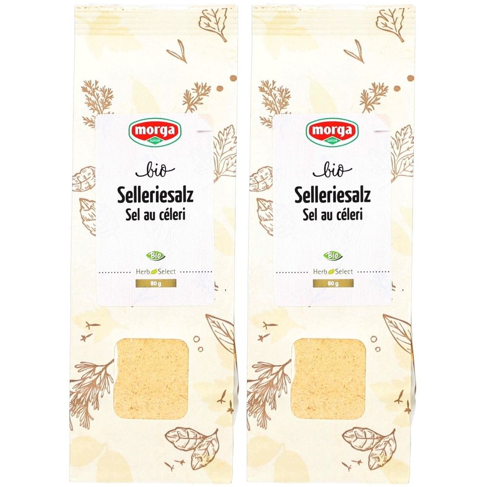 Deux sachets de sel de céleri. Inscription: MORGA bio Selleriesalz, Sel au céleri. 80 g. Décor d'herbes et de feuilles.