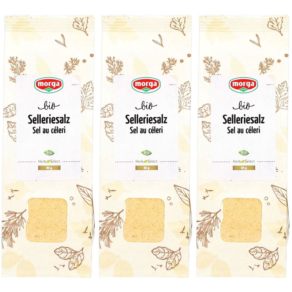 Trois sachets de sel de céleri bio MORGA. Emballage avec logo et nom du produit. Produit visible de forme carrée.