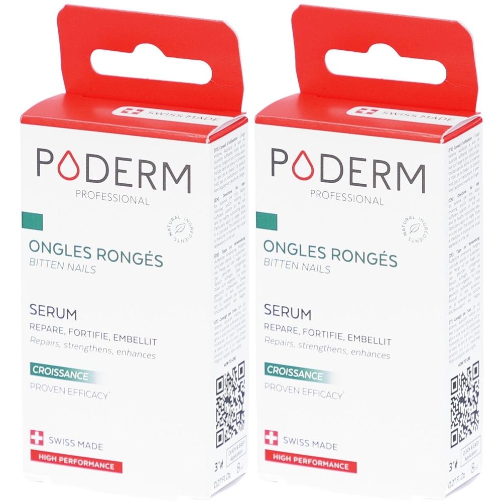 Deux boîtes PODERM. Boîtes blanches avec dessus et poignée rouges. Inscription : Ongles Rongés, Sérum, Swiss Made. Code QR.