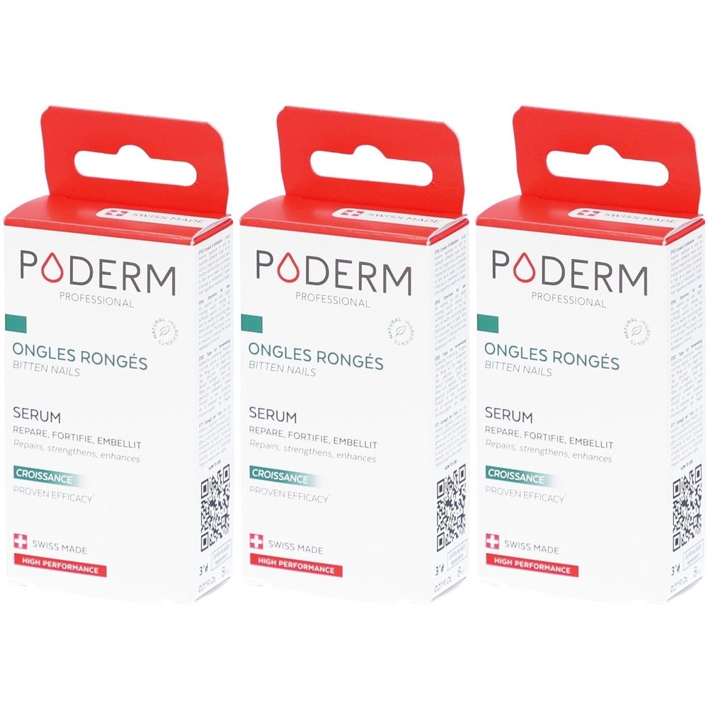 Trois boîtes de PODERM Sérum Stop Ongles Ronges. Inscription : ONGLES RONGÉS, SERUM, CROISSANCE. Avec crochet rouge. Swiss Made.
