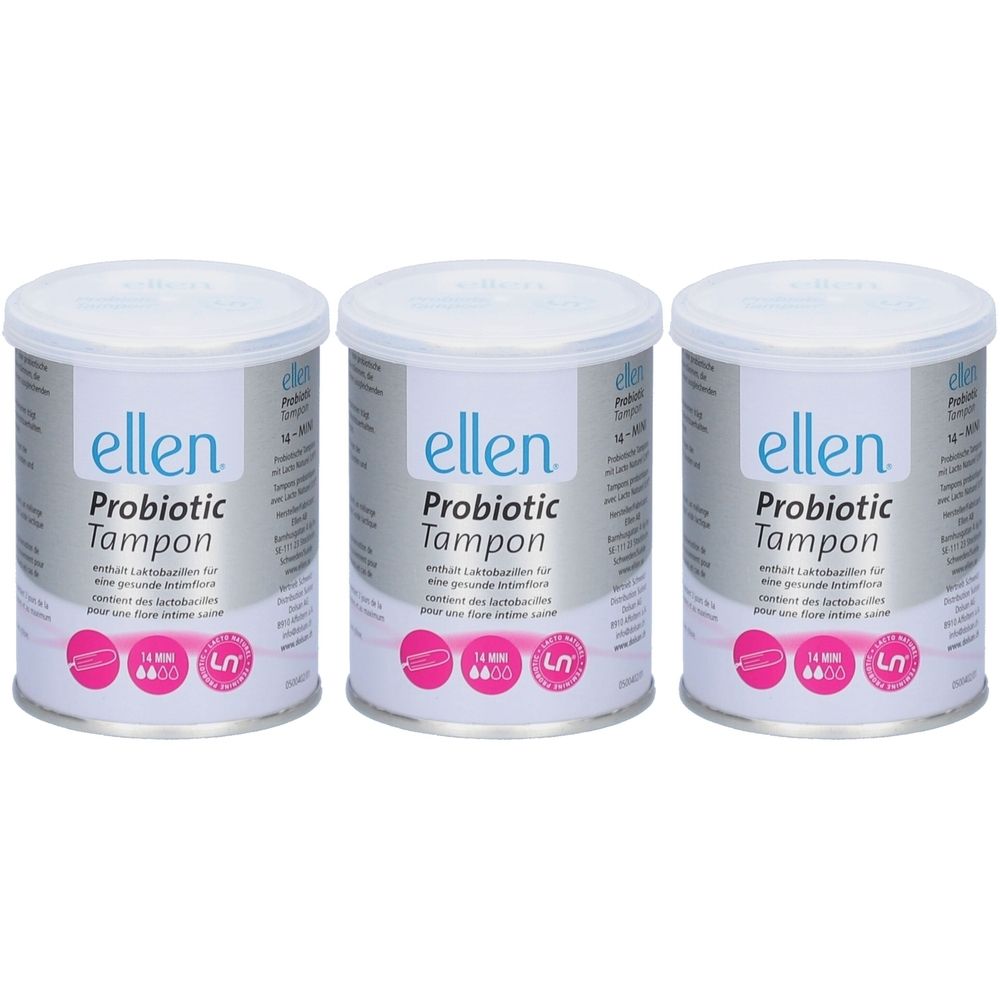 Trois boîtes de tampons probiotiques Ellen. Couvercles blancs, boîtes grises avec nom et logo du produit. Graphique rose, 14 pièces.