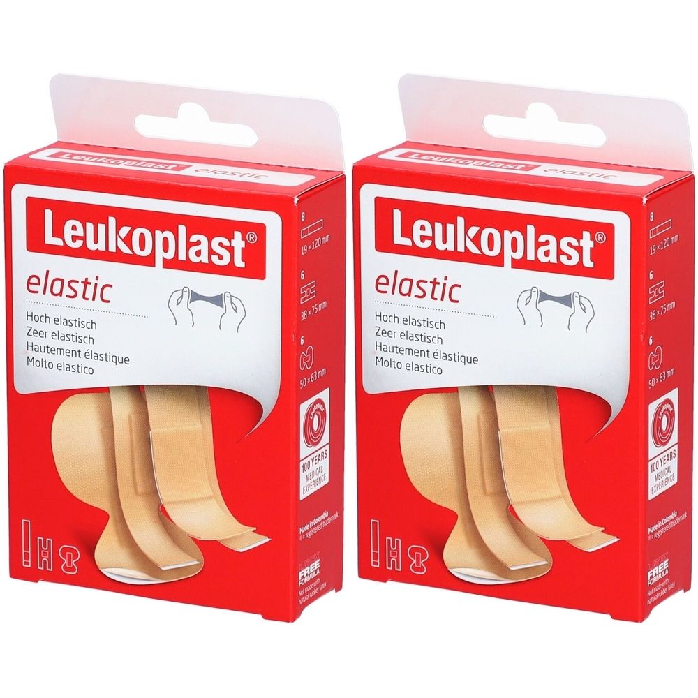 Zwei rote Kartons mit Pflastern. Aufschrift: Leukoplast elastic. Größenangaben und Illustration. Beige Pflaster sind sichtbar.