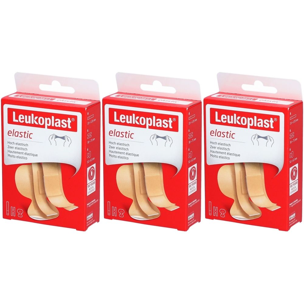 Drei Packungen LEUKOPLAST elastic. Rote Schachteln mit Produktabbildung und Schriftzug. Pflaster sind sichtbar.