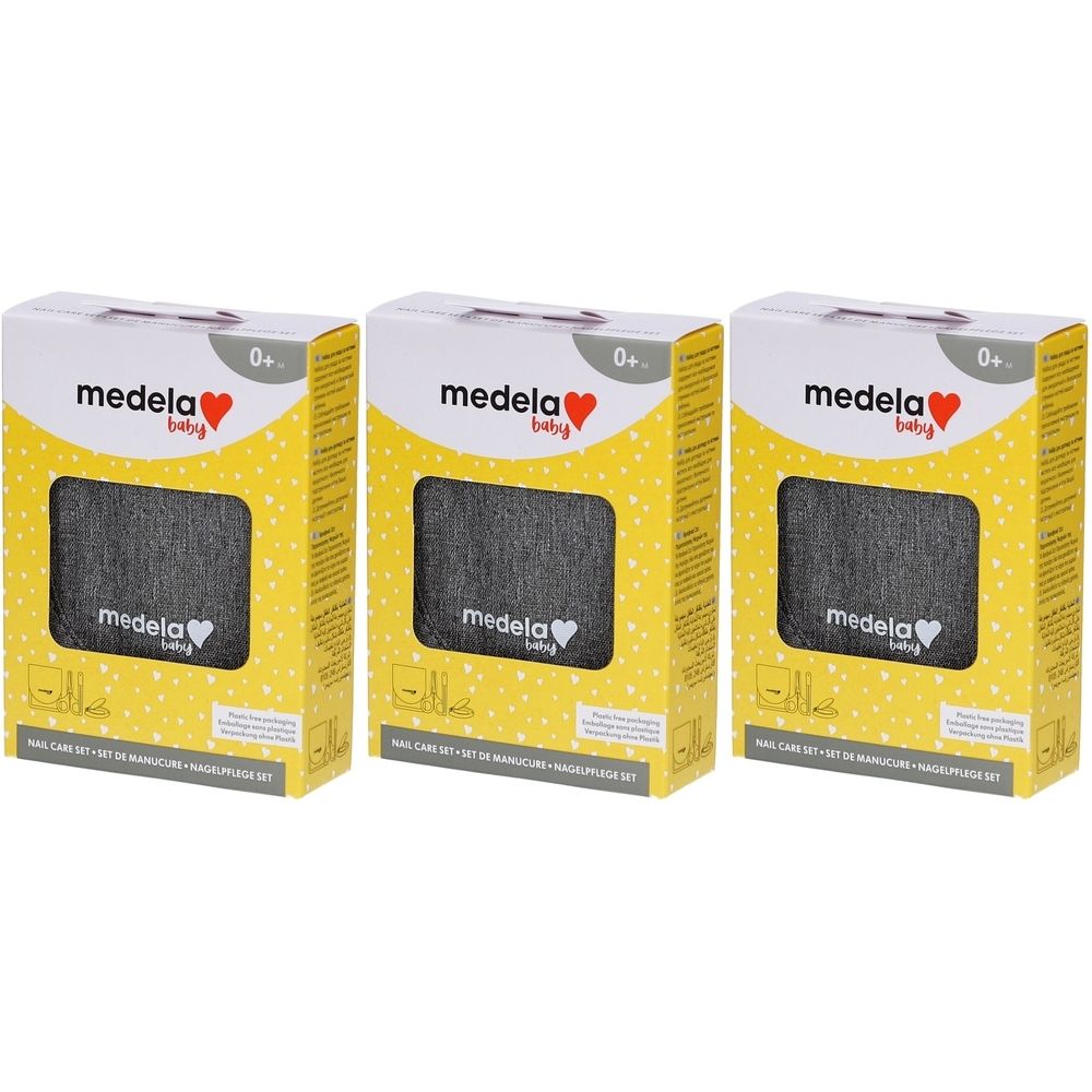 Trois boîtes de kit de manucure Medela Baby. Boîtes jaunes avec contenu gris, logo Medela et cœur. Recommandé pour les 0m+.